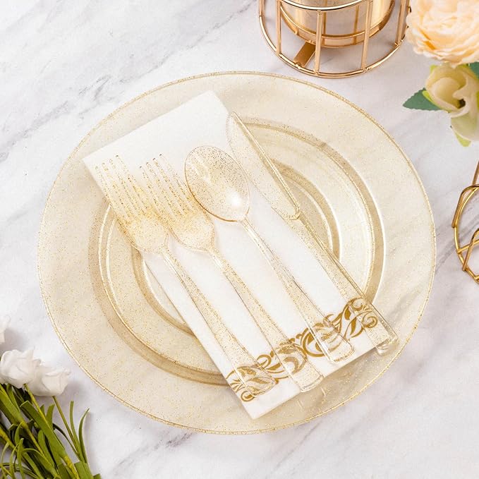 Goodluck 350 Pieces Dinnerware Set for 50 Guests, Plastic Plates Disposable for Party, Include: 100 Gold Glitter Plastic Plates, 50 Paper Napkins, 50 Cups, 50 Gold Glitter Plastic Silverware Set