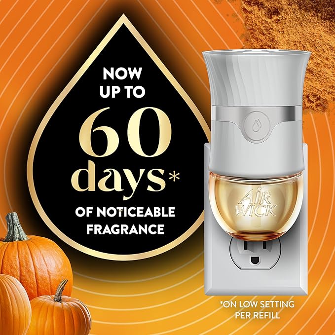 Air Wick Plug in Scented Oil Refill, Infused with Essential Oils, Plug in Air Fresheners for Home, Fall Scent, Fall Décor, Harvest Pumpkin & Spice, 5 ct
