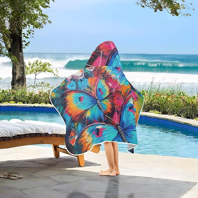 Hooded Towel for Kids Bright Color Butterflies Painting Beach Wrap Bath Towels 50x23.5in