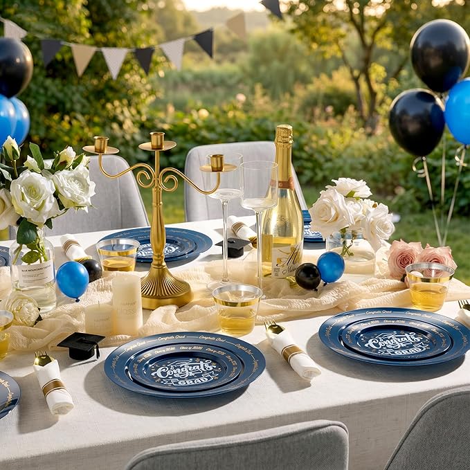 Goodluck 350 Piece Graduation Navy Blue Plastic Dinnerware Set for 50 Guests, Congrats Grad Disposable Plates Include: 50 Dinner Plates, 50 Dessert Plates, 50 Cups, 50 Rolled Napkins with Silverware