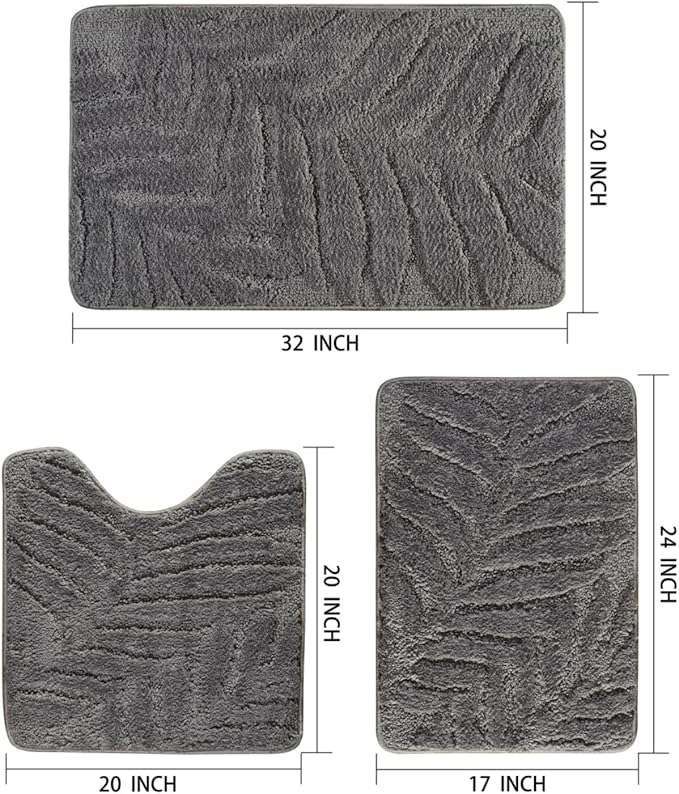 Bath Rugs Set 3 Pieces Bathroom Mat Soft Absorbent Plush Shaggy Soft Floor Non Slip Shower Bath Tub Machine Washable (Charcoal-Leaf, 20"x32"/20"x20"/17"x24")