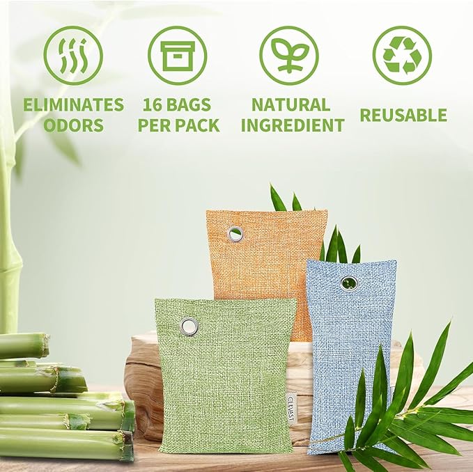 CLEVAST 16 Pack Activated Bamboo Charcoal Odor Absorber - Air Purifying Bags(8x100g, 8x50g), Natural Fresh Deodorizer and Moisture Eliminator for Home, Closet, Car Air freshener, Multicolor