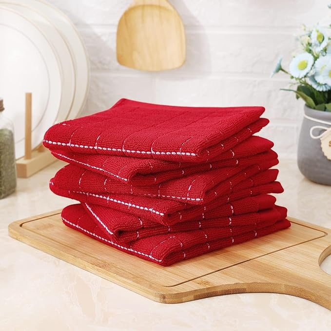 Homaxy 100% Cotton Terry Kitchen Towels(Red, 13 x 28 inches), Checkered Designed, Soft and Super Absorbent Dish Towels, 12 Pack