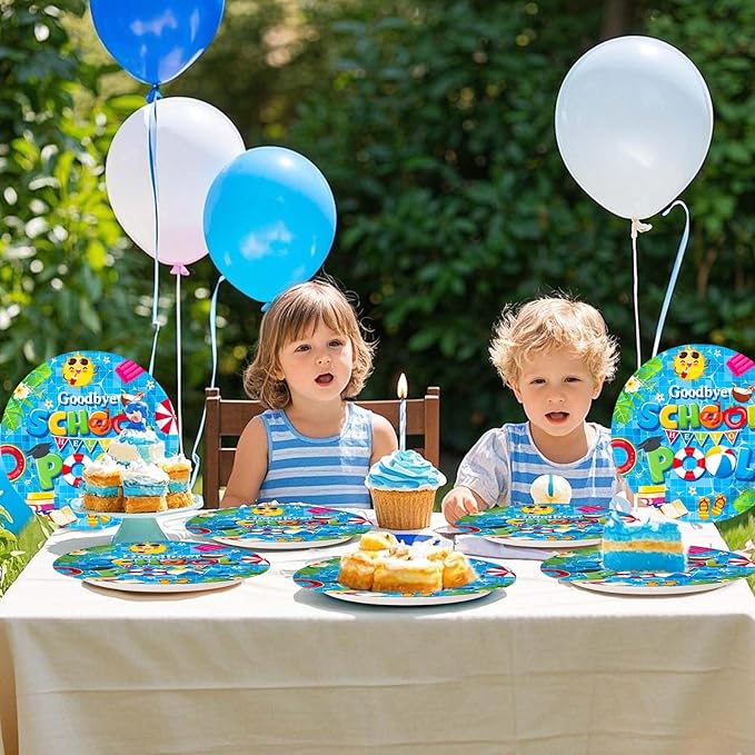 50Pcs Goodbye School Hello Pool Party Decorations Last Day of School's Pool Paper Plates 9" Disposable Summer Class End of School Year Party Decorations for Graduation Preschool Vacation Supplies