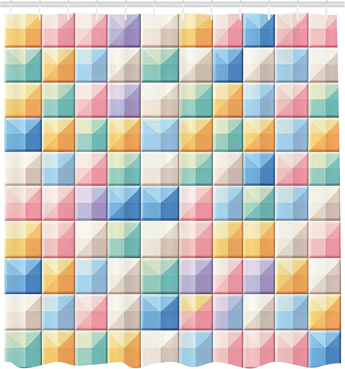 Ambesonne Colorful Shower Curtain, Modern Grid Design Checkered Pastel Tones with Futurist Line Details Colour Jumble, Cloth Fabric Bathroom Decor Set with Hooks, 69" W x 84" L, Multicolor