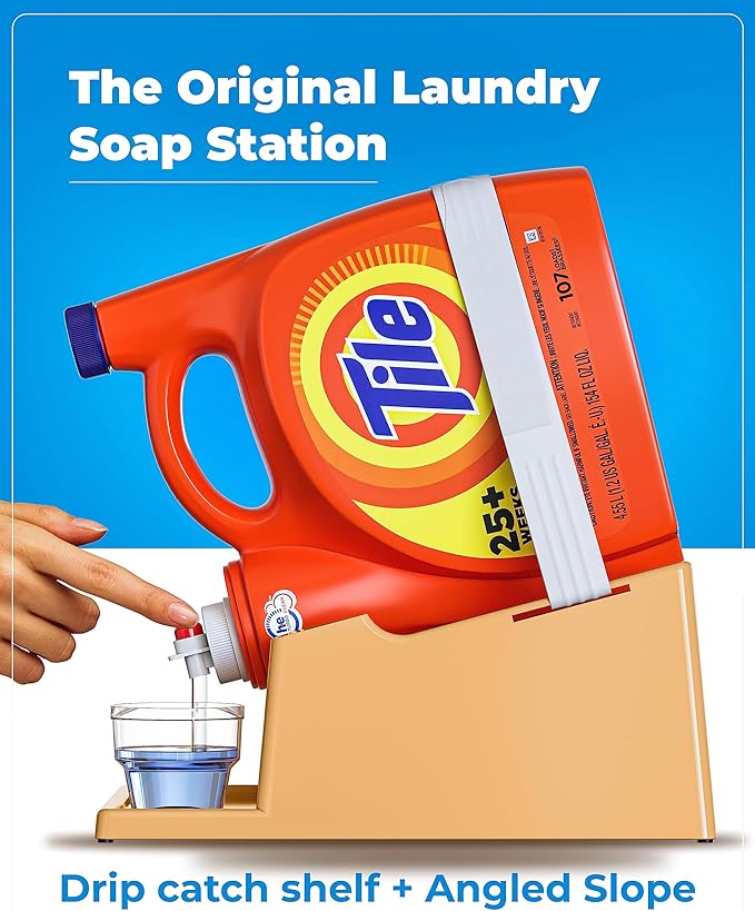TidyFriend 2 Pack Liquid Laundry Detergent Holder Stand with Drip Tray & Rubber-Grip Feet, Stand for Laundry Room Organization and Storage, Fabric Softener Dispenser with Cup Holder (Beige)