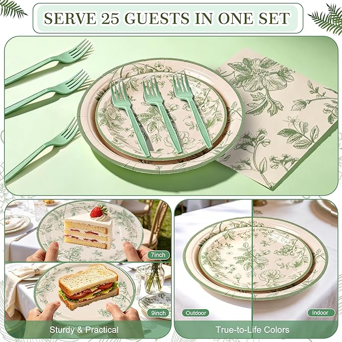 100 Pcs Sage Green Floral Party Supplies for 25 Guests, Heavy-Duty 7" & 9" Paper Plates, 2-Ply 13" Napkins & Plastic Forks, Disposable Tableware Set for Bridal Baby Shower and Tea Party