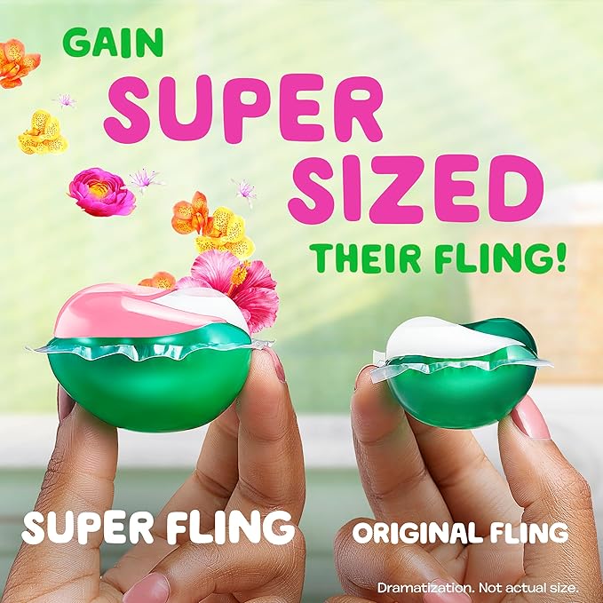 Gain Super Flings Laundry Detergent Pacs, 18 Count, Hibiscus Hula scent, irresistibly clean and fresh washing detergent laundry soap pacs (Pack of 4)