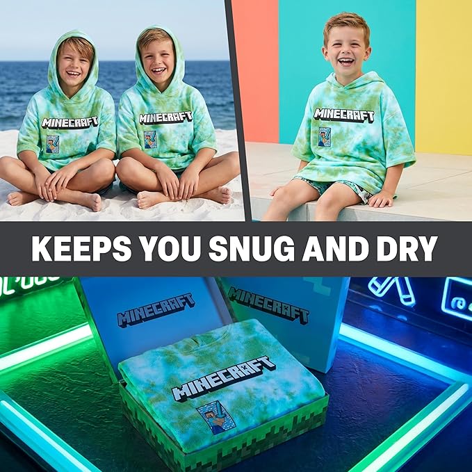 Minecraft Towelling Poncho Kids Teens Hooded Bath Towels Absorbent Beach Towel (Green Tie Dye, 10-13 Years)