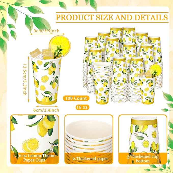 Umigy 100 Pcs Lemonade Paper Cups Disposable Lemonade Stand Cups Bathroom Mouthwash Drinking Disposable Cups for Summer Party Picnics Barbecues Traveling Hot Cold Beverage Water Juice (16 oz)