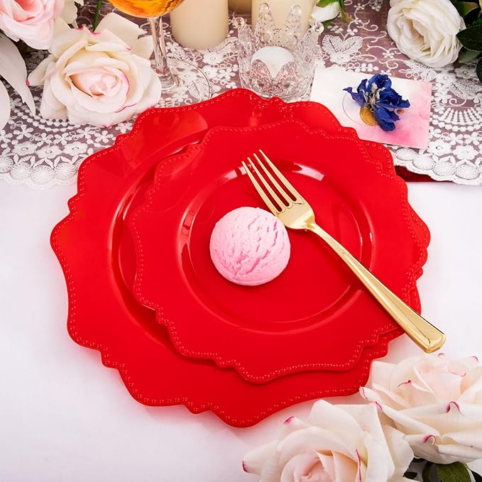 COLOSUS Disposable Plastic Plates 60Pcs, Christmas Red Plastic Party Plates, Heavy Duty 30 Dinner plate 10.5” and 30 Salad/Dessert Plate 8.25” for Christmas party dinner