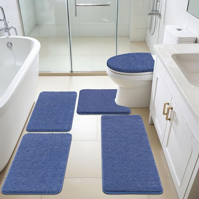 SHACOS 5 Pieces Bathroom Rugs Set with Toilet Lid Cover Ultra Soft Absorbent Microfiber Bath Mat U Shape Contour Rug for Bathroom, Non Slip Machine Washable Bath Runner Rugs for Bedroom, Kitchen, Blue