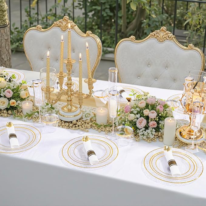 Ciaell 350PCS Clear Plastic Plates with Gold Trim for 50 Guests,Includes 100 Plastic Plates, 50 Pre Rolled Napkins with Gold Silverware, 50 Cups, Disposable Dinnerware Set for Wedding & Party