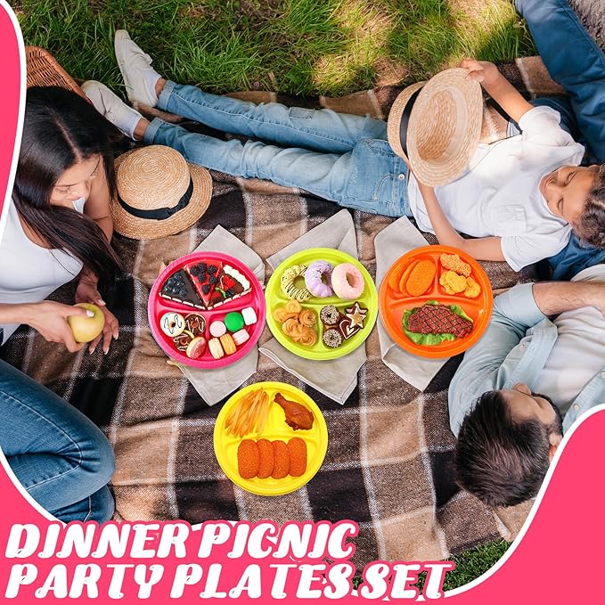 Teenyyou 50 Pcs 10 Inch Plastic 3 Compartment Divided Plates Heavy Disposable Round Dinner Plates with Dividers for Wedding Birthday Party Dinnerware (Neon Color)