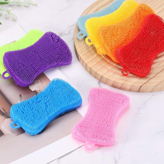uxcell Silicone Dish Scrubber, 6 Pack Reusable Dishes Sponges Silicone Sponges Double Design for Kitchen Bathroom Cleaning Gadgets Accessories Countertop Cookware Pots Pans, Orange
