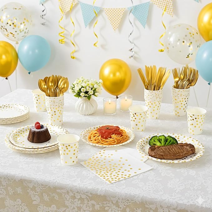 Fijinhom White and Gold Dot Paper Plates Set, 175 PCS Party Supplies, Disposable Dinnerware Set for 25 Guests, Gold Dot Paper Plates Napkins Cups Gold Plastic Forks Knives Spoons for Christmas