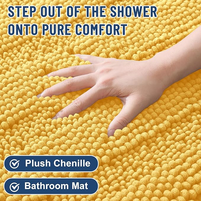 Grandaily Chenille Striped Bathroom Rugs 47x20, Extra Thick and Soft Absorbent Bath Mats, Rubber Backing, Plush Shaggy Shower Carpet, Machine Wash Dry, Bath Rug for Bathroom, Light Yellow