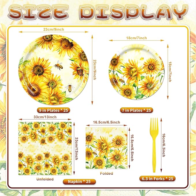100 Pieces Sunflower Bee Party Tableware Set – Sunflower Plates, Napkins and Forks, Yellow Floral Disposable Dinnerware for Birthday, Baby Shower and Garden Party Supplies