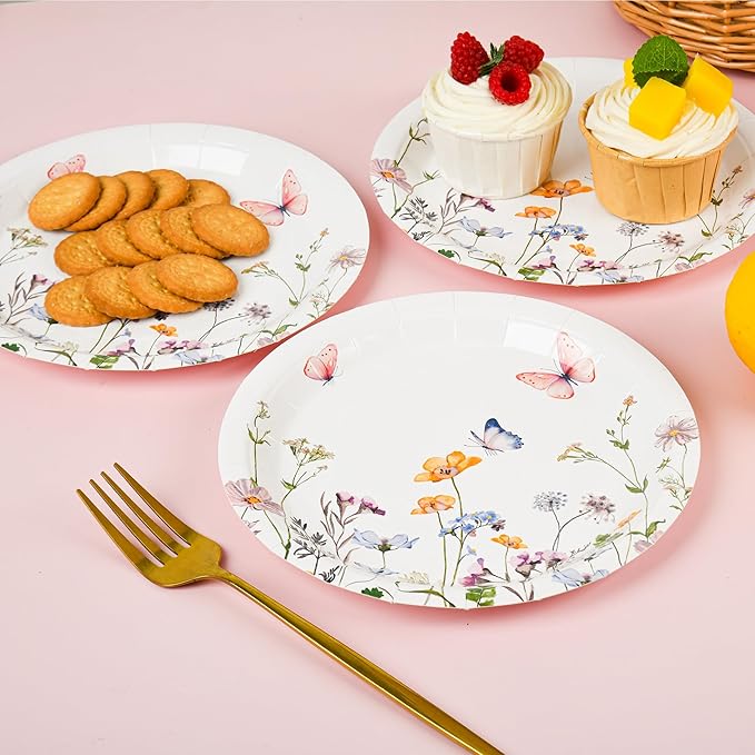 AimFun 24 Pcs Wildflower Paper Plates 9 Inch Disposable Floral Plates Spring Summer Watercolor Rustic Botanical Dinner Plates for Baby Shower Birthday Bridal Shower Wedding Tea Party