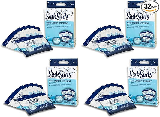 SinkSuds Travel Laundry Detergent Liquid Soap + Odor Eliminator for All Fabrics Including Delicates,Sink-Packets,0.25 Fl Oz,(Pack of 32)