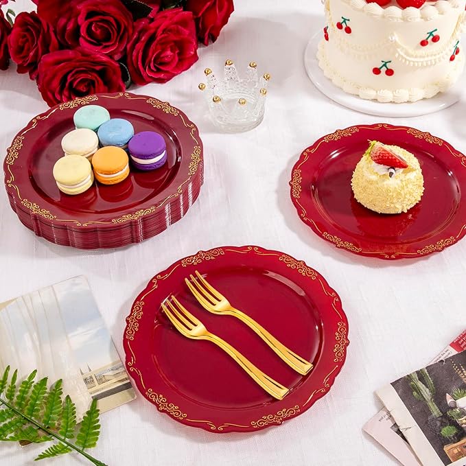 LIYH 100 Pcs Burgundy Gold Plastic Dessert Plates with 100 Pcs Gold Dessert Forks, Disposable Red Salad Plates Includes 100 Appetizer Plate 7.5"and 100 Golden Cake Forks 5 "