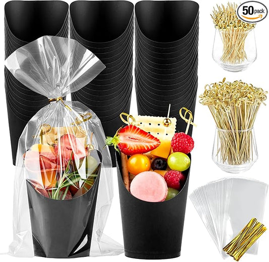 ZORRITA 50 Sets 14 oz Charcuterie Cups with Sticks and Bags, Individual Black Paper Charcuterie Boxes Disposable Individual Appetizer Serving Cups (50 Cups + 200 Cocktail Picks + 50 Bags + 50 Ties)