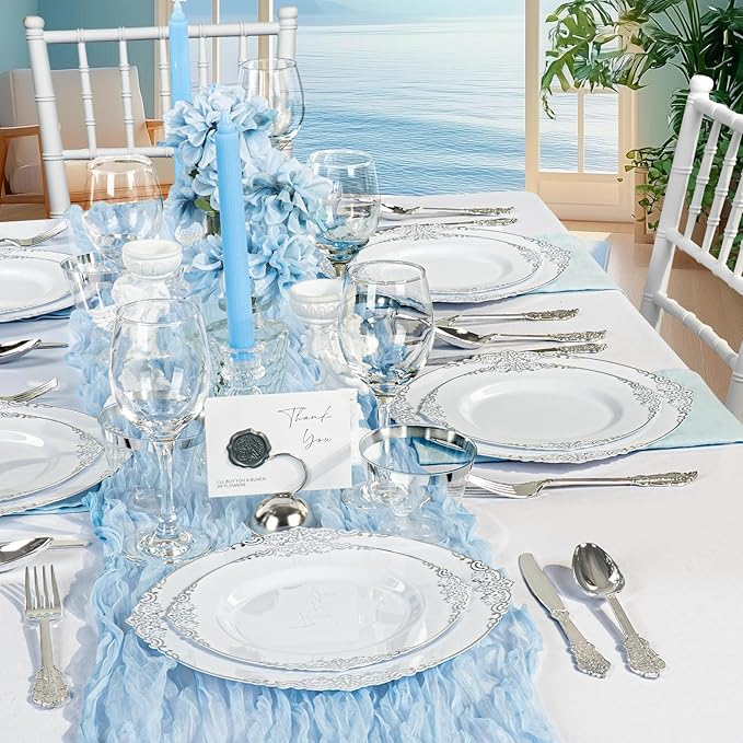 Bestluck 350PCS Silver Plastic Plates for 50 Guests, Disposable Dinnerware Sets Include 100 Silver Rim Plastic Plates, 50 Silverware, 50 Pre Rolled Napkins for Party, Wedding & Decor
