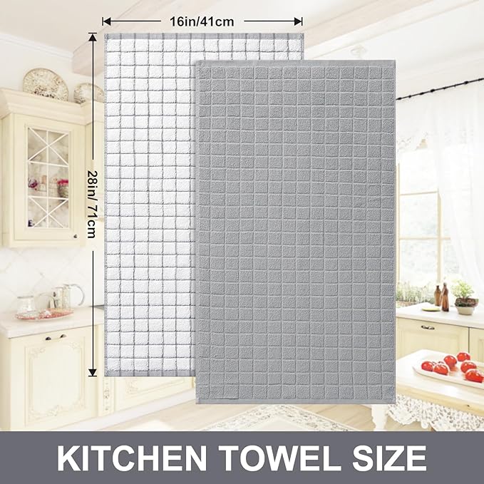 Homaxy Premium Cotton Kitchen Towels 16"x 28", Large Natural Ring Spun 390 GSM Dish Towels, Super Absorbent Terry Kitchen Hand Towels, Soft Tea Towels with Hanging Loop, Light Grey Check, 8 Pack