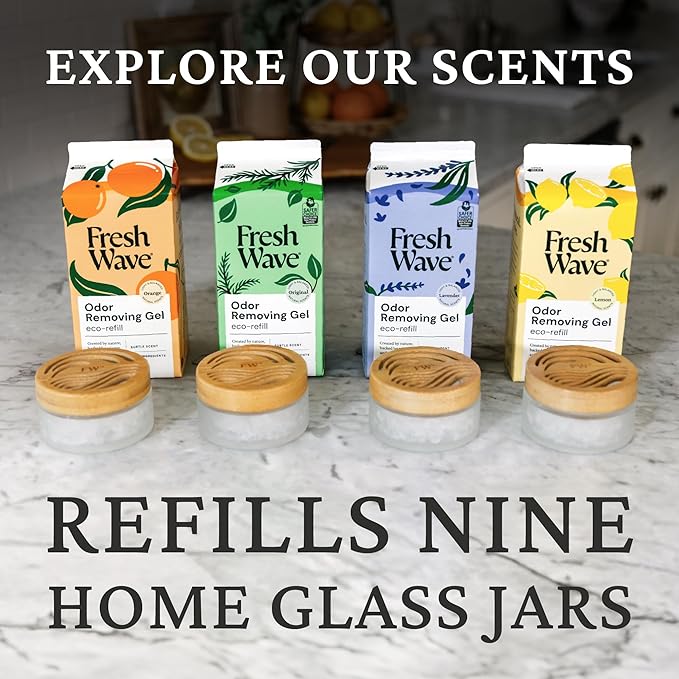 Fresh Wave Odor Removing Gel Eco-Refill, 63 oz. Lemon Scent | 4 Empty Refillable Glass Jars | 4 Room Set