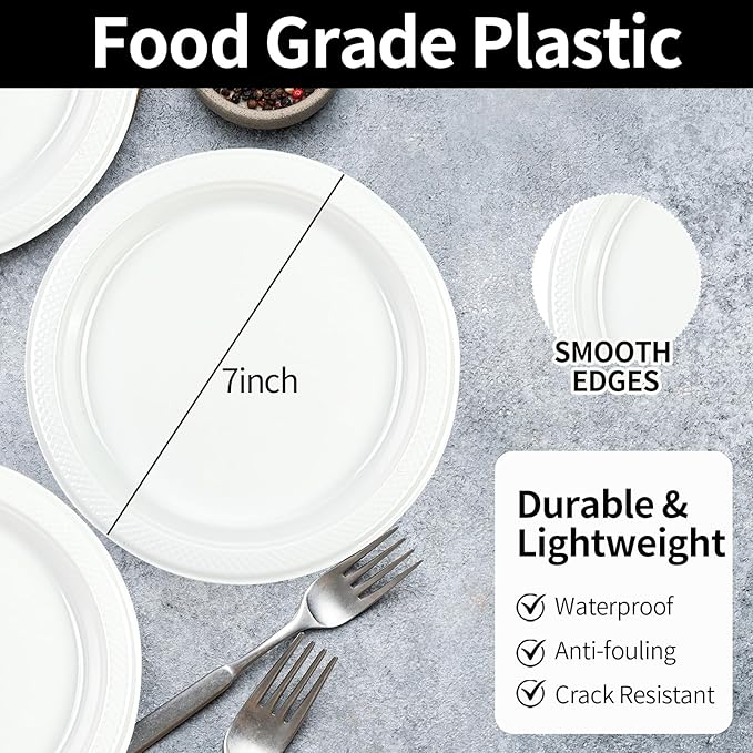 50PCS White Plastic Plates, 7 Inch Disposable Dessert Plates Cake Plates for Picnic Birthday Wedding Party Supplies (White, 7 Inch)