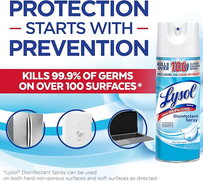 Lysol Disinfectant Spray, Household Cleaning Supplies, Disinfecting Multi-Purpose Room Spray, Antibacterial Sanitizer, Deodorizer, Kills Hantavirus, Crisp Linen, 12.5 Fl Oz (Pack of 2)