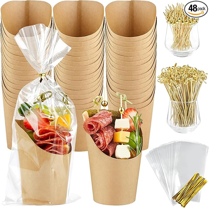 ZORRITA 50 Sets 14 oz Charcuterie Cups with Sticks, Individual Kraft Paper Charcuterie Boxes Disposable Individual Appetizer Serving Cups (50 Cups + 200 Cocktail Picks + 50 Bags + 50 Ties)