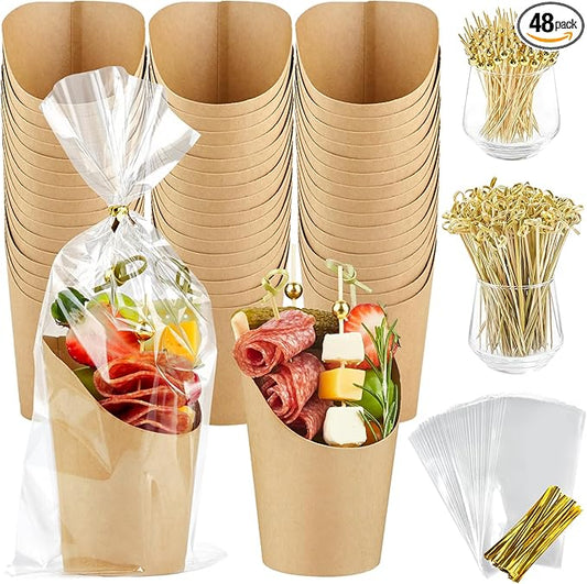 ZORRITA 50 Sets 14 oz Charcuterie Cups with Sticks, Individual Kraft Paper Charcuterie Boxes Disposable Individual Appetizer Serving Cups (50 Cups + 200 Cocktail Picks + 50 Bags + 50 Ties)