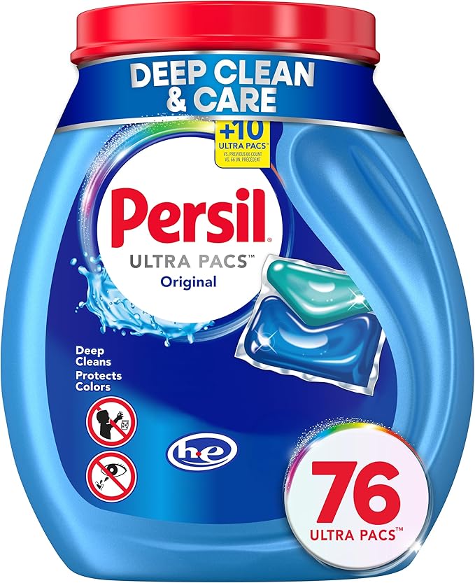Persil Ultra Pacs Original Everyday Clean Laundry Detergent, 76 Count, No Mess, Single-Dose Laundry Soap, Deep Clean Fabric Care for Colors & Whites, All Water Temperatures, HE Safe