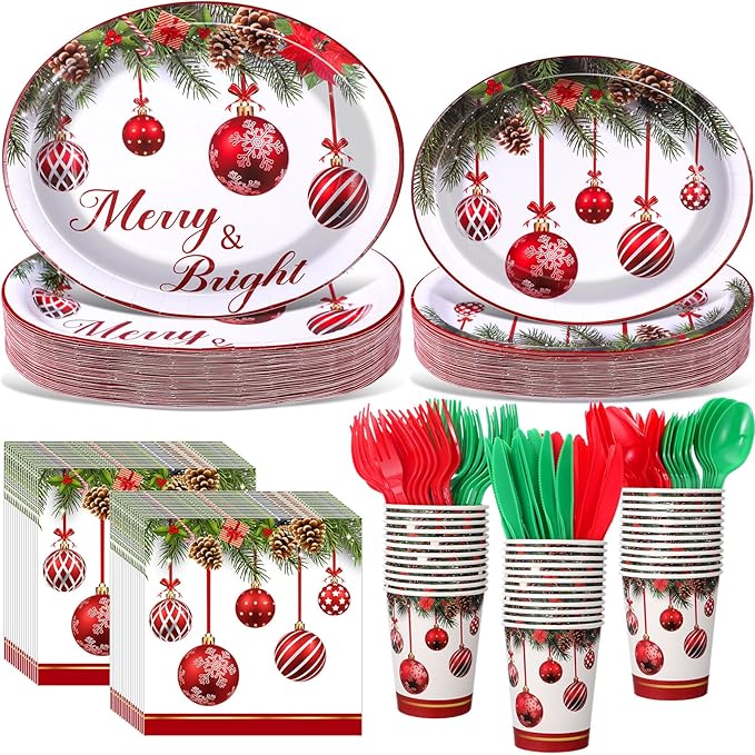 Havawish 350 Pcs Christmas Party Supplies Red Christmas Ball Disposable Tableware Set Oval Paper Plates Cups Napkins Fork Knife Spoon Dinnerware for Winter Xmas Holiday Party Table Decorations