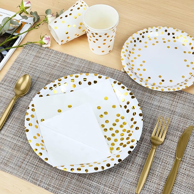 Lzerking Party Supplies Set - 210 Pieces of White and Gold Dot Paper Plates, Cups, Napkins, and Heavy Duty Silverware for 30 Guests for Birthdays, Graduation, Wedding, Festivals