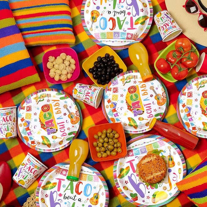 Pickmesh 400 Pcs Taco Bout a Baby Decoration, Mexican Birthday Party Supplies with Taco Plates Napkins Cups and Cutlery, Fiesta Baby Shower Birthday Party Favors for 50 Guests