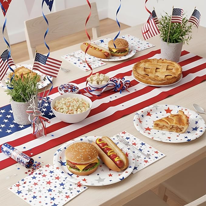 100Pcs 4th of July Plates and Napkins,Patriotic Party Tableware Set | 50*9inch Plates | 50*6.5inch Napkins,250th Anniversary Red Blue Silver Stars for Independence Day Veterans&Memorial Day Decoration