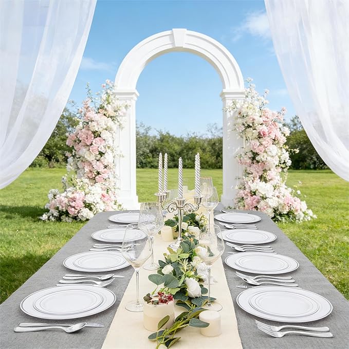 FLOWERCAT 60PCS Silver Plastic Plates - Heavy Duty White and Silver Plastic Plates Disposable - Include 30PCS 10.25inch Dinner Plates and 30PCS 7.5inch Dessert Plates for Wedding&Birthday Party
