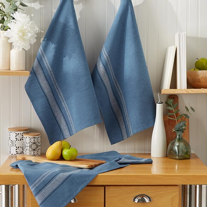 DII French Stripe Dishtowels, Kitchen Collection, 20 x 30 (Set of 3), Chambray Blue