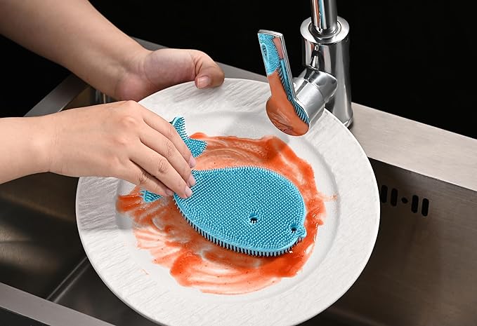 Fox Run Silicone Whale Dish Scrubber, 6" Multipurpose Kitchen Cleaning Brush