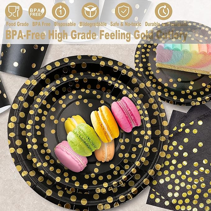 AIRE 175PCS Black and Gold Paper Plates Party Supplies for 25 Guests Disposable Party Decorations Dinnerware Golden Dot Black Paper Plates Napkins Cups Gold Plastic Forks Knives Spoons for Mothers Day