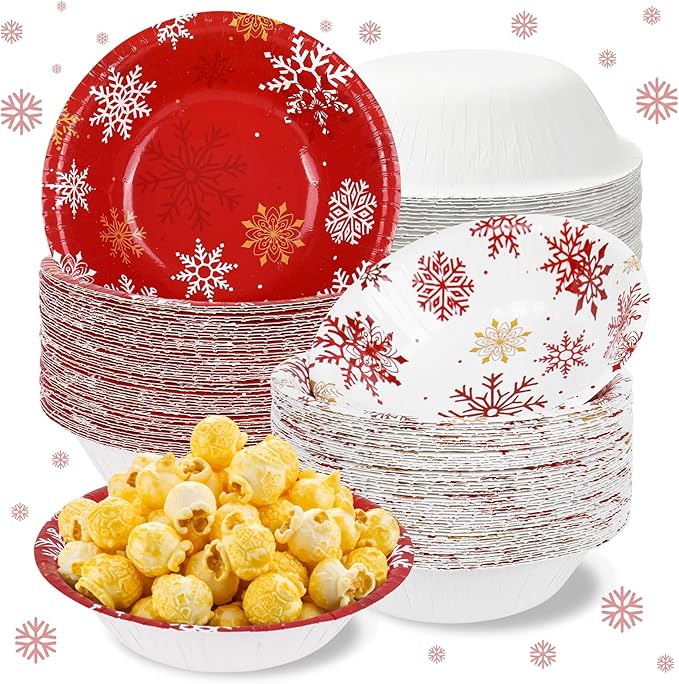 FYSUIMU 100 Pcs Winter Paper Bowls Christmas Red White Snowflake Party Snack Bowl Disposable Serving Bowls for Xmas Party Household Supplies Decor, 12 Oz