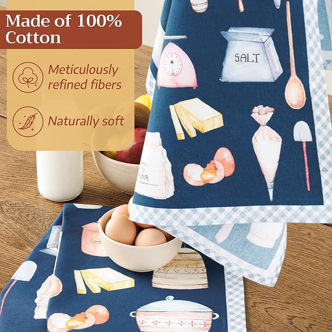Maison d'Hermine Kitchen Towels Set of 2 100% Cotton 27.50" x 20" Reusable Cloth Tea Dish Towels Absorbent with Hanging Loop for Kitchen, Home, Dining, Cocktail Parties (Let's Bake)