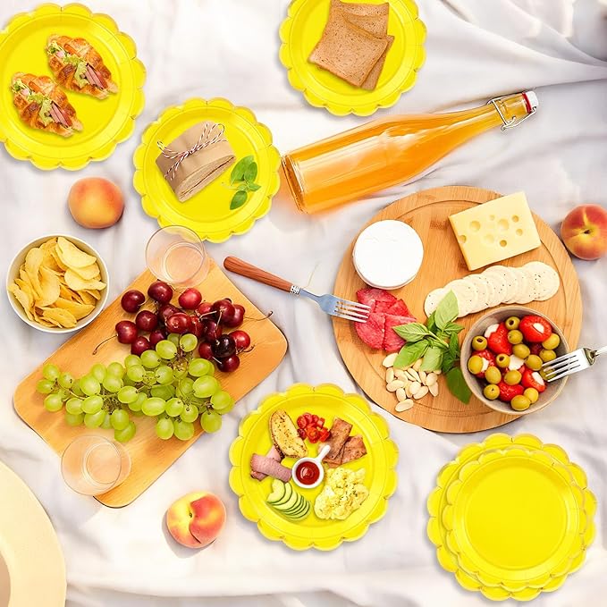 50 Pcs Yellow Paper Plates, 25 Pcs 9" and 25 Pcs 7" Disposable Yellow Scalloped Plates with Gold Foil for Graduation Wedding Baby Shower Birthday Party Picnic BBQ
