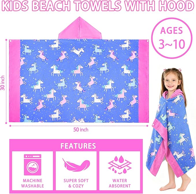 Hooded Towels for Kids - Superfine Fiber Unicorn Toddler Hood Bath Towels Beach Hooded Poncho Absorbent Pool Toddler Swim Bath Wrap for Boys & Girls 3-10 Years Beach Essentials, 50*30 inches