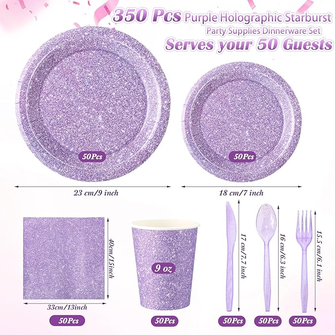Hushee 350 Pcs Pastel Purple Holographic Print Party Supplies Guests Disposable Dinnerware Set Include Paper Plates, Napkins, Cups, Plastic Cutlery for Wedding Birthday Disco Bachelorette