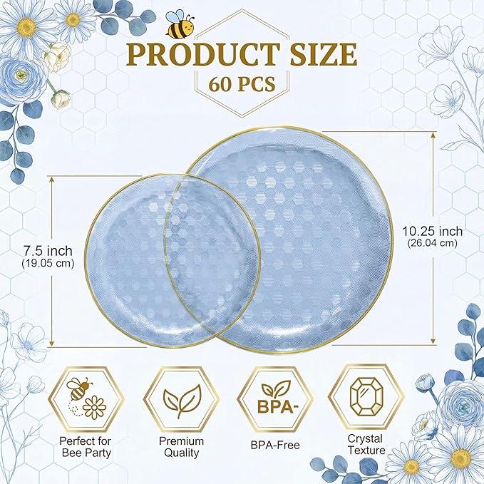 Festiva 60PCS Clear Blue Gold Plastic Plates - Heavy Duty Fancy Disposable Plates With Gold Rim -serve for 30 guests Include Each 30PCS 10.25" & 7.5" Honeycomb Design Plates for Party(Blue)
