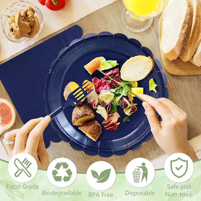 Mulbozy 100 Navy Blue Plates and Napkins Disposable Set Includes 25-9" & 25-7" Dessert Cake Scalloped Plates, Cocktail Napkins, Forks for for Holiday Party Supplies
