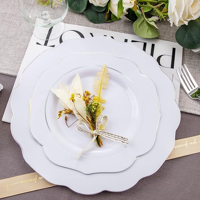 NOCCUR 175pcs Silver Plastic Plates - Silver Rim Plastic Tableware Include 25 Dinner/Dessert Plates, 25 Forks, 25 Knives, 25 Spoons for Wedding/Party